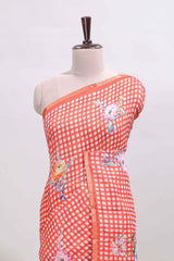 Orange checked floral design linen cotton saree with self zari border and printed blouse