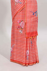 Orange checked floral design linen cotton saree with self zari border and printed blouse