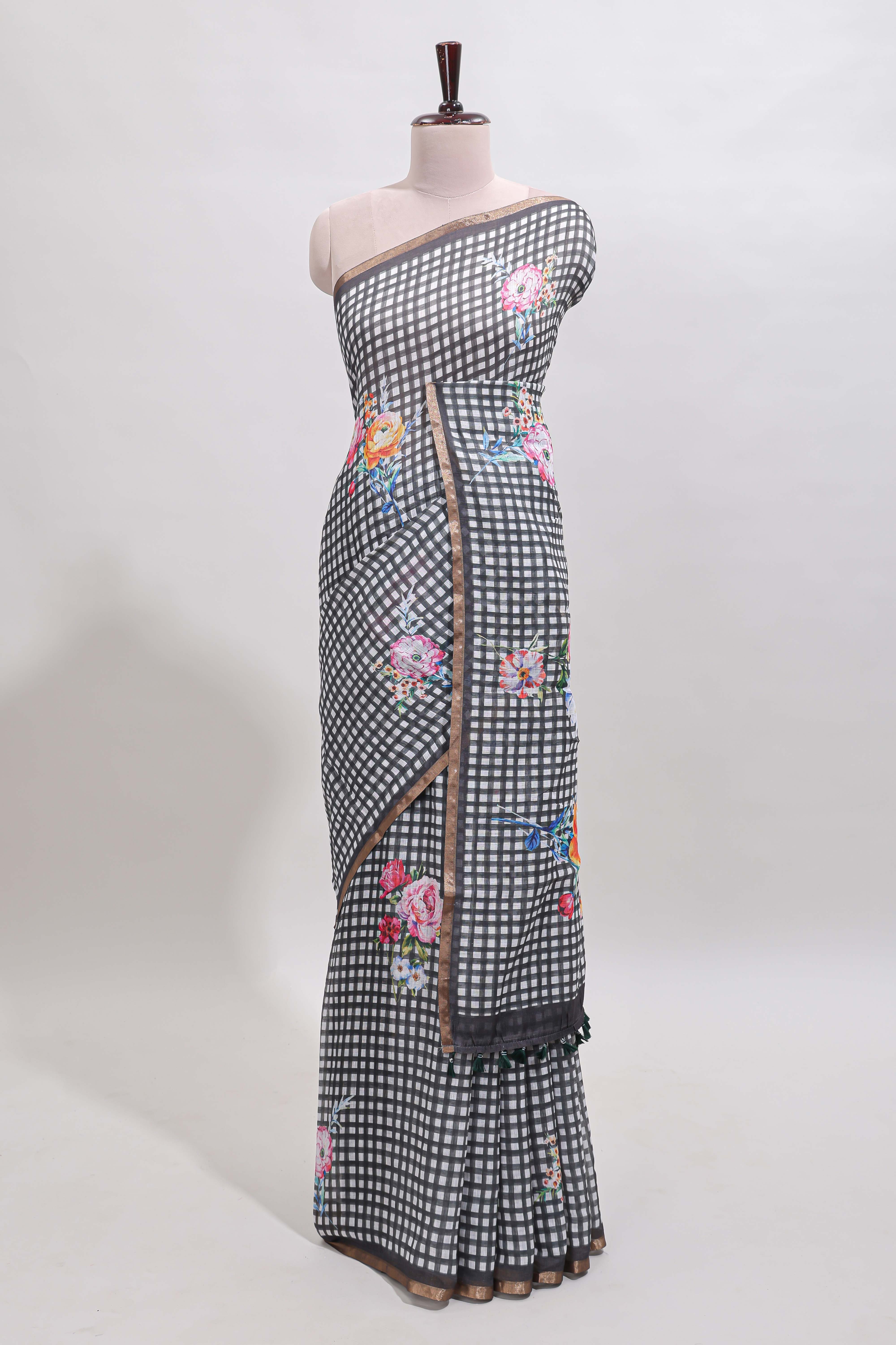 Grey checked floral design linen cotton saree with self zari border and printed blouse