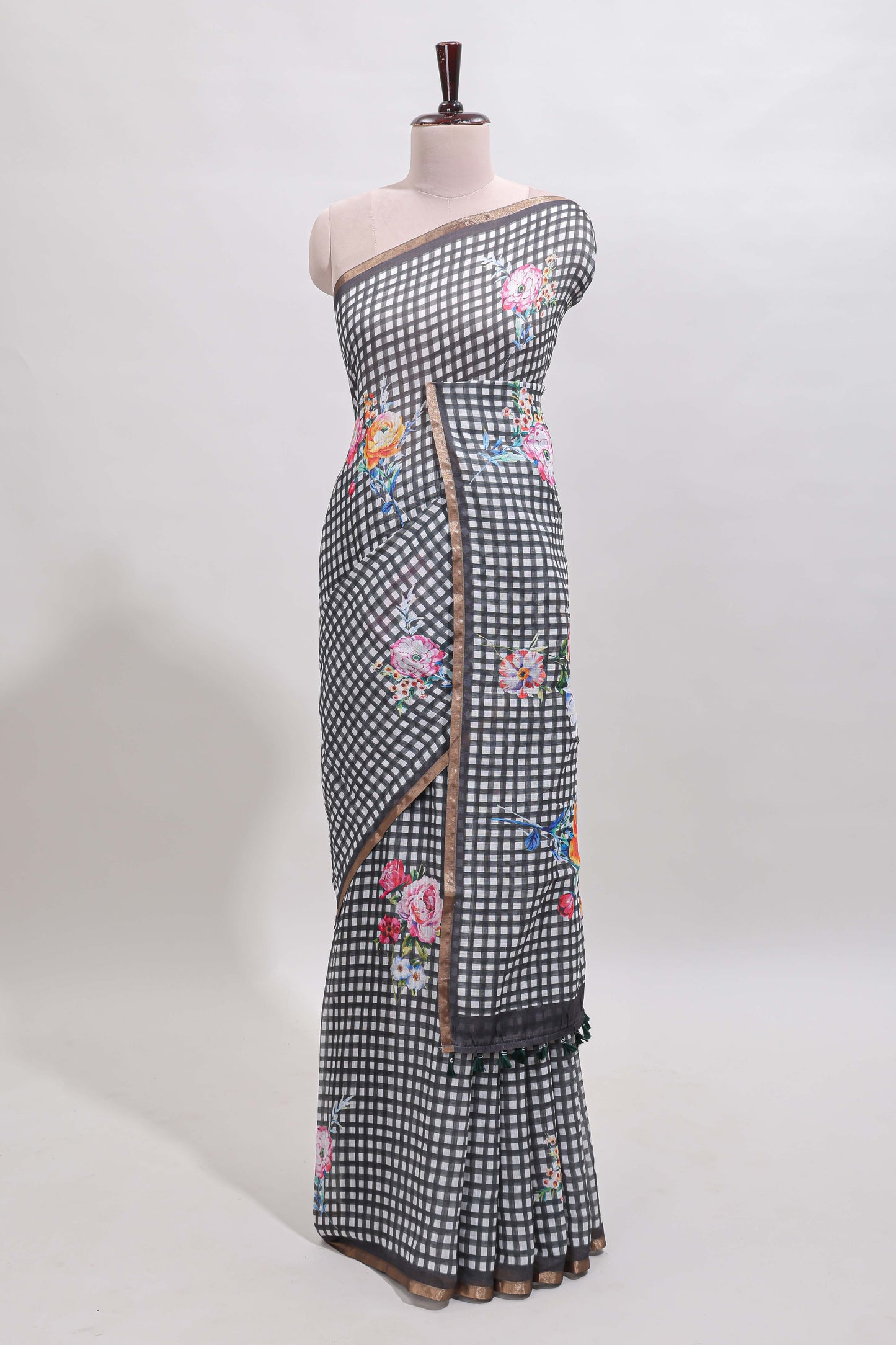 Grey checked floral design linen cotton saree with self zari border and printed blouse