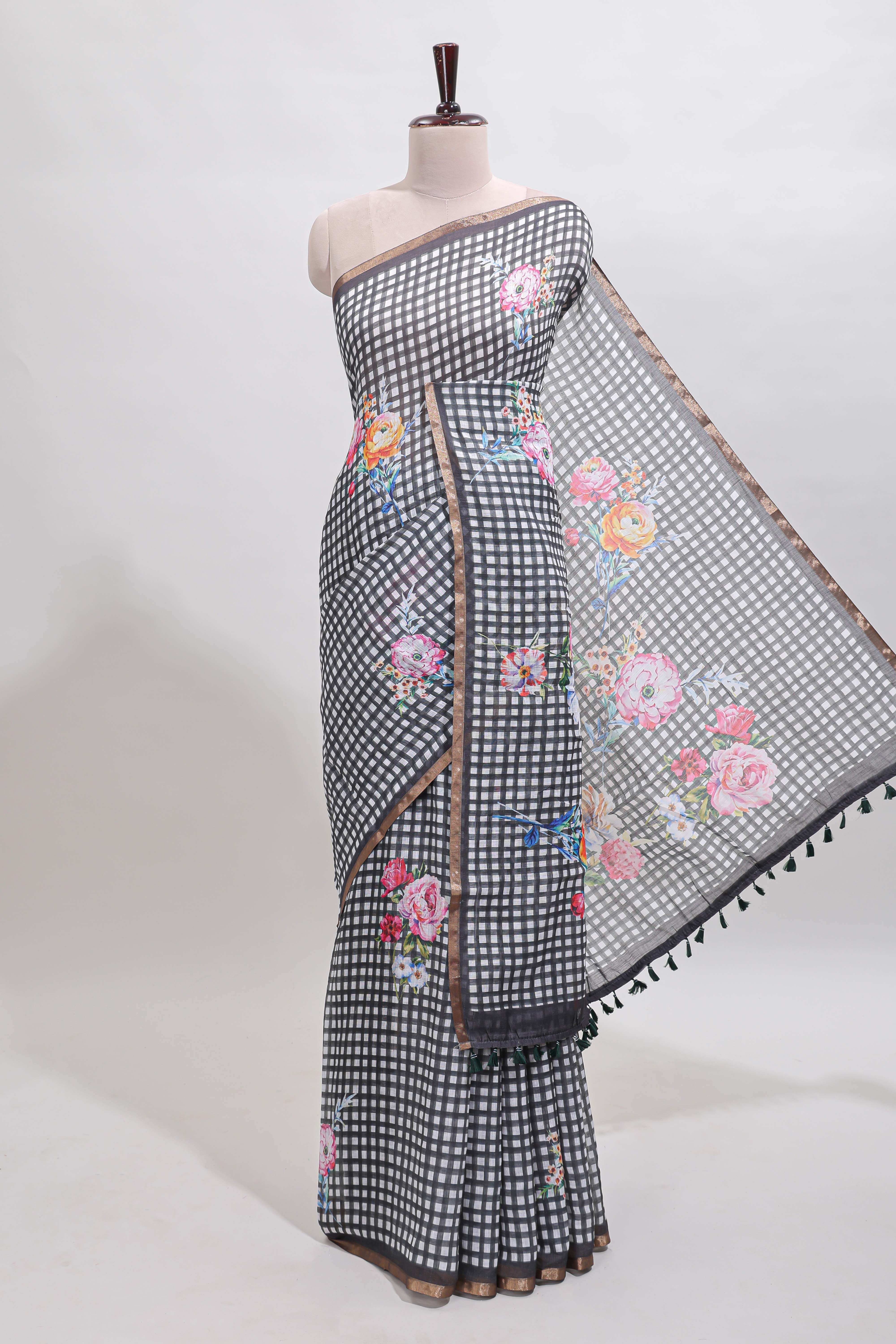 Grey checked floral design linen cotton saree with self zari border and printed blouse