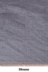Grey checked floral design linen cotton saree with self zari border and printed blouse