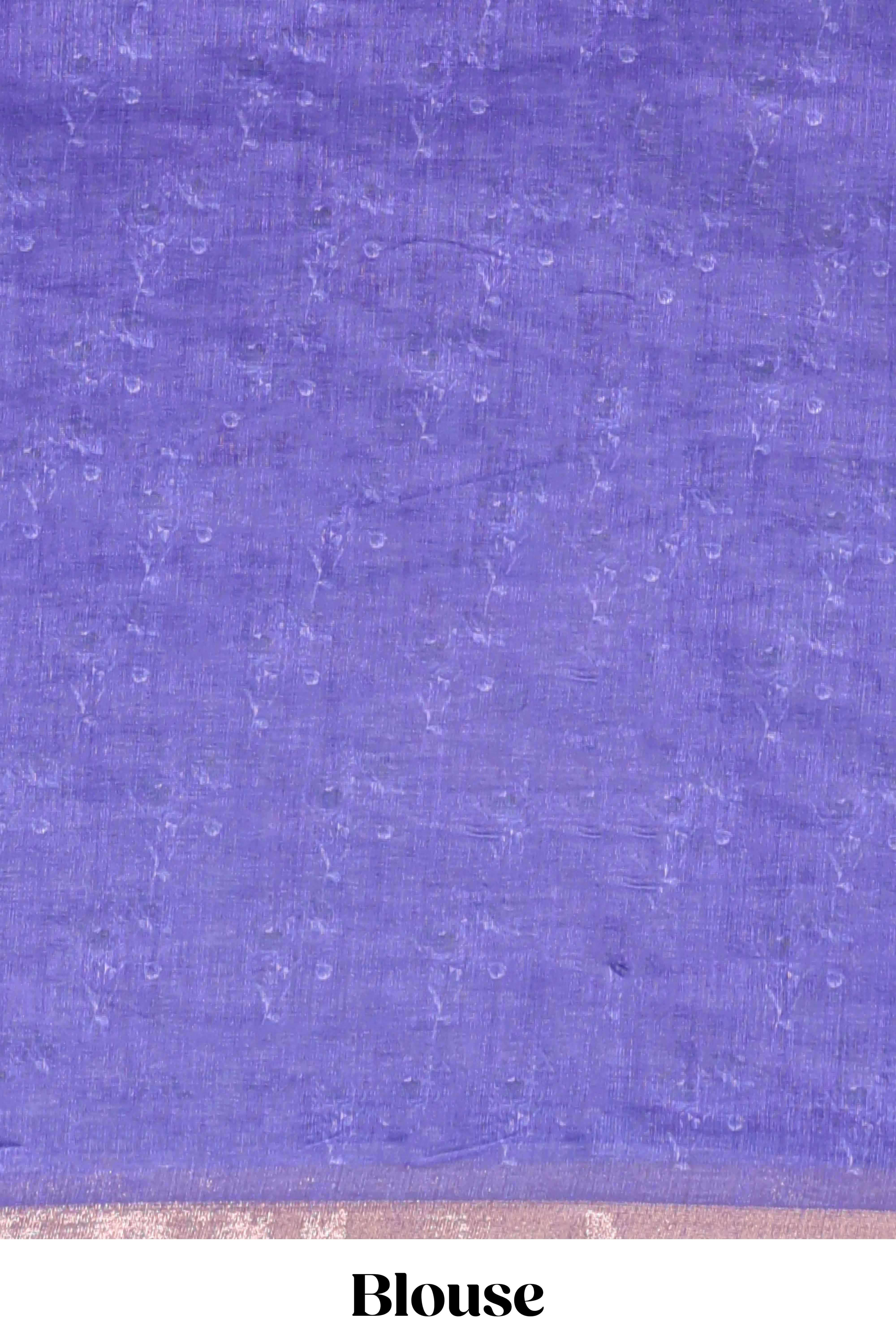 Violet checked floral design linen cotton saree with self zari border and printed blouse
