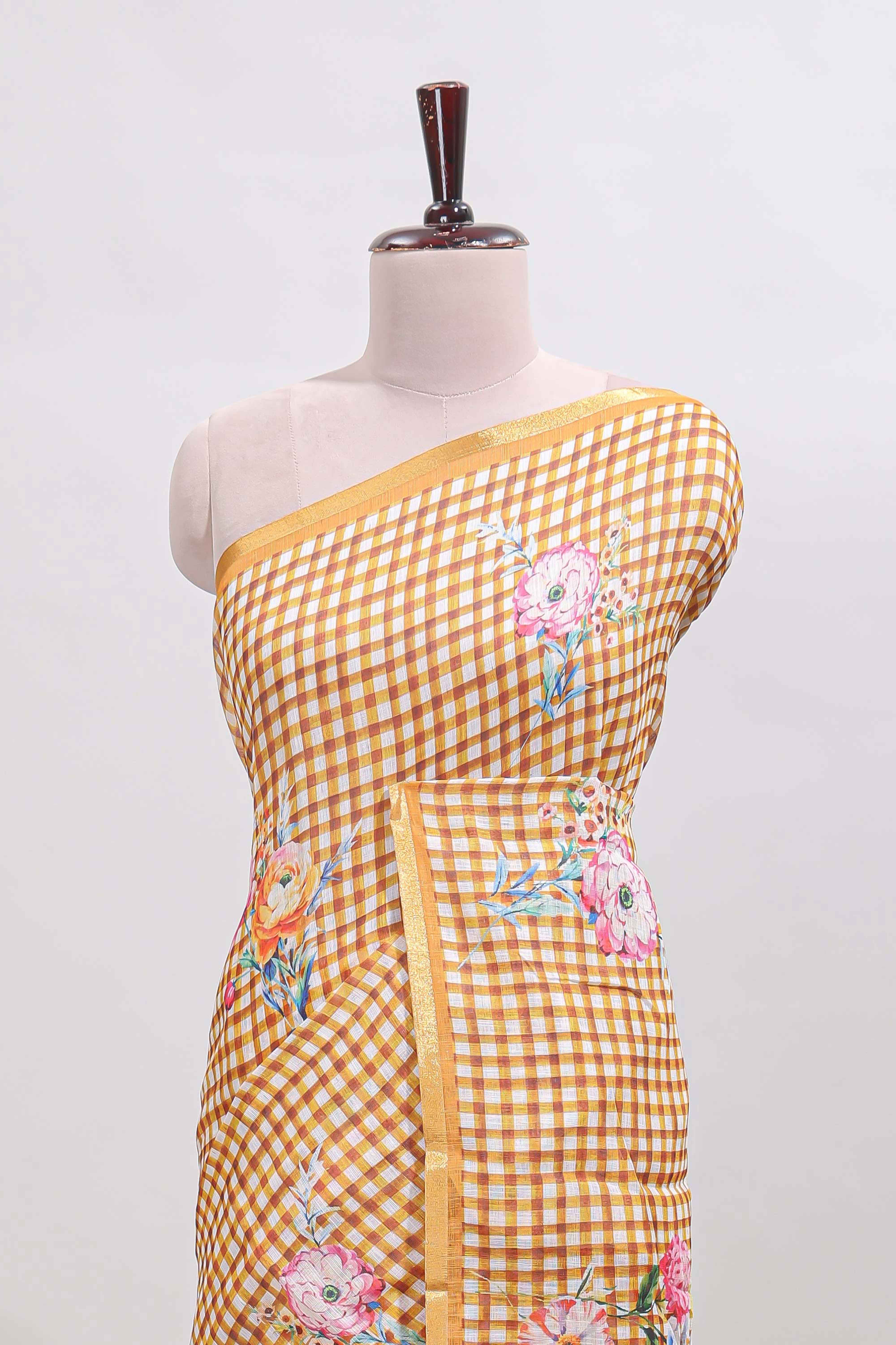 Mustard checked floral design linen cotton saree with self zari border and printed blouse