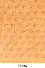 Mustard checked floral design linen cotton saree with self zari border and printed blouse
