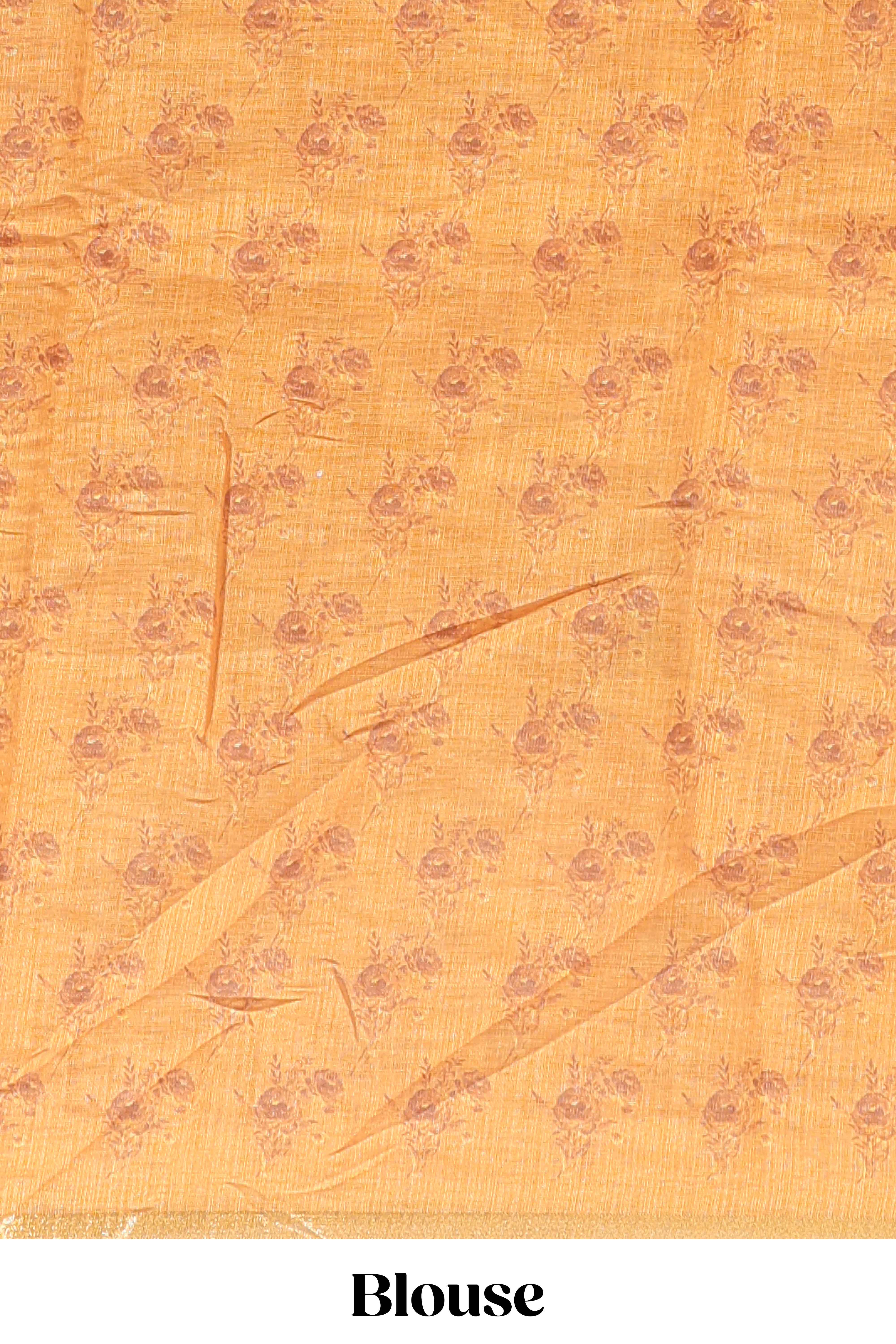 Mustard checked floral design linen cotton saree with self zari border and printed blouse