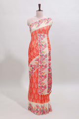 Orange leaf print linen cotton saree with contrast floral design border and matching blouse
