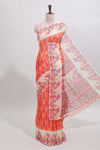 Orange leaf print linen cotton saree with contrast floral design border and matching blouse
