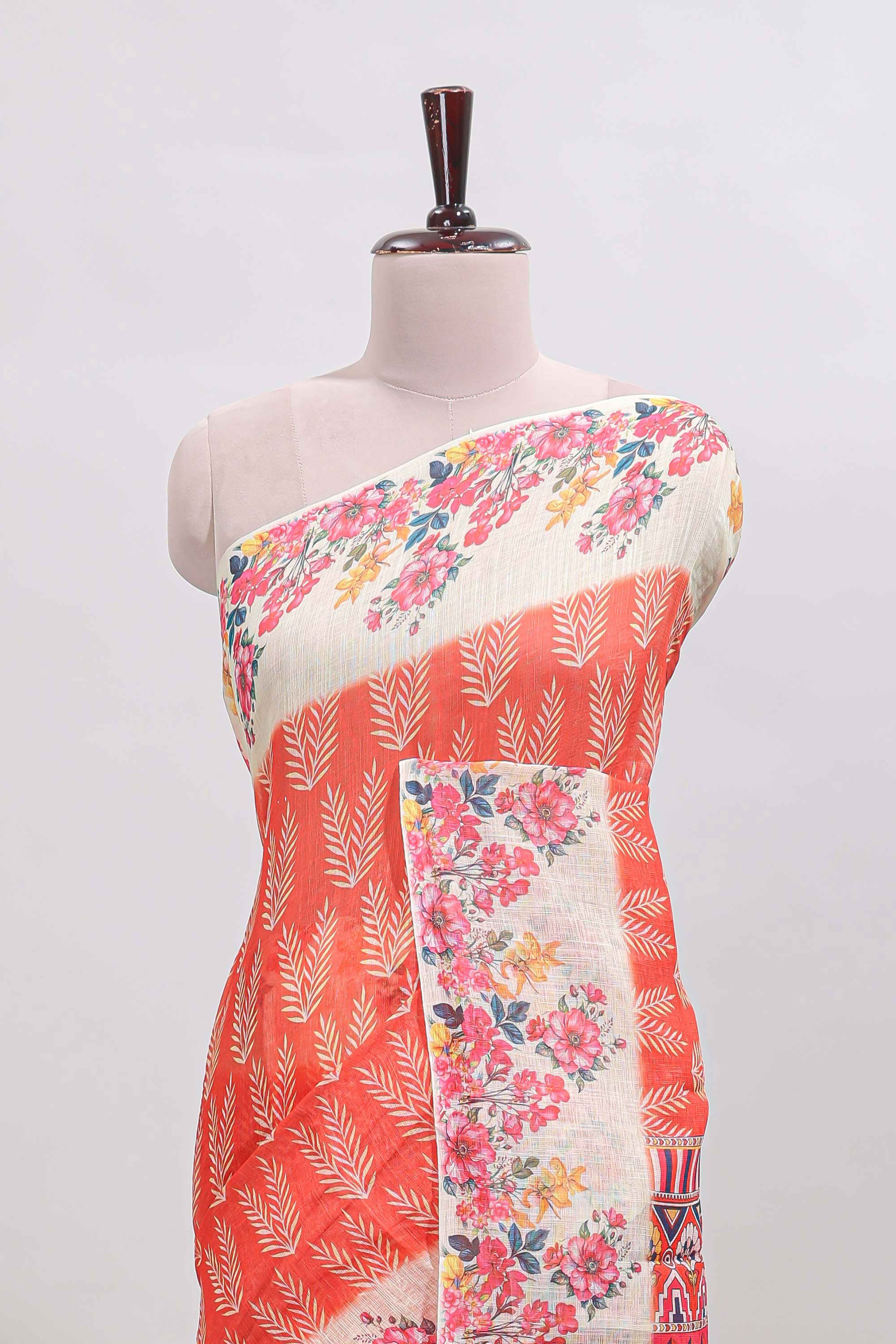 Orange leaf print linen cotton saree with contrast floral design border and matching blouse