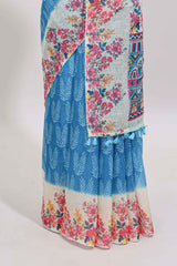 Blue leaf print linen cotton saree with contrast floral design border and matching blouse
