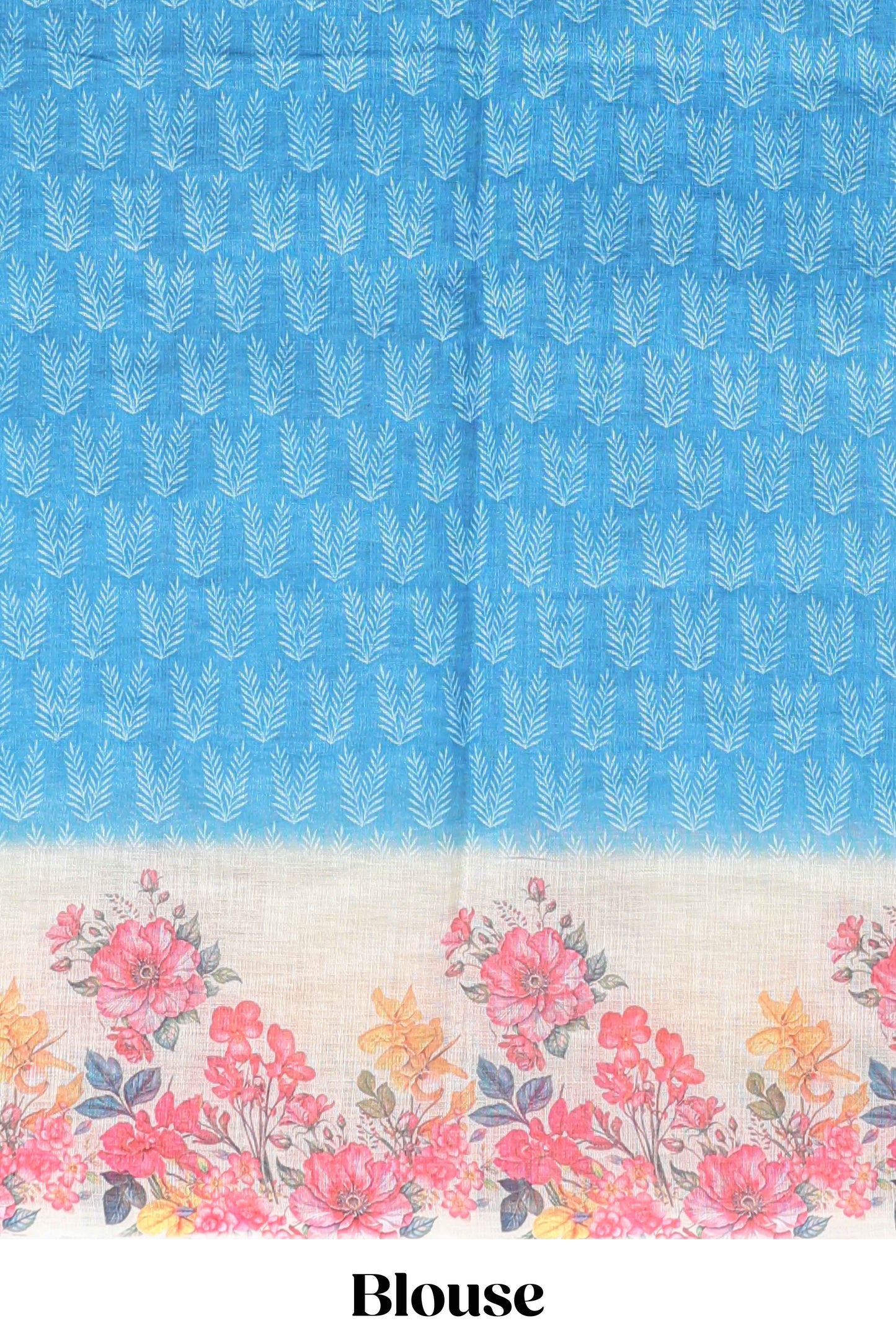 Blue leaf print linen cotton saree with contrast floral design border and matching blouse