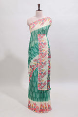 Green leaf print linen cotton saree with contrast floral design border and matching blouse