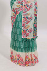 Green leaf print linen cotton saree with contrast floral design border and matching blouse