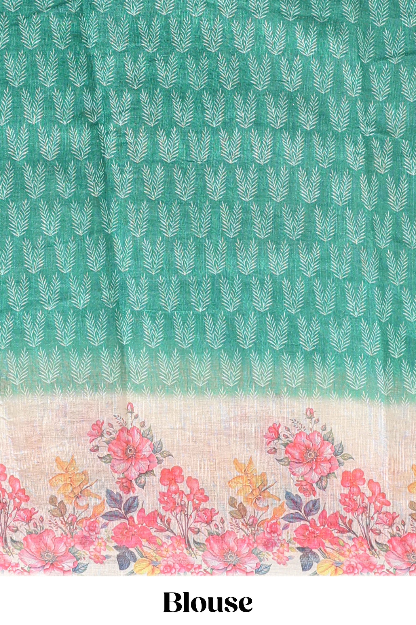 Green leaf print linen cotton saree with contrast floral design border and matching blouse