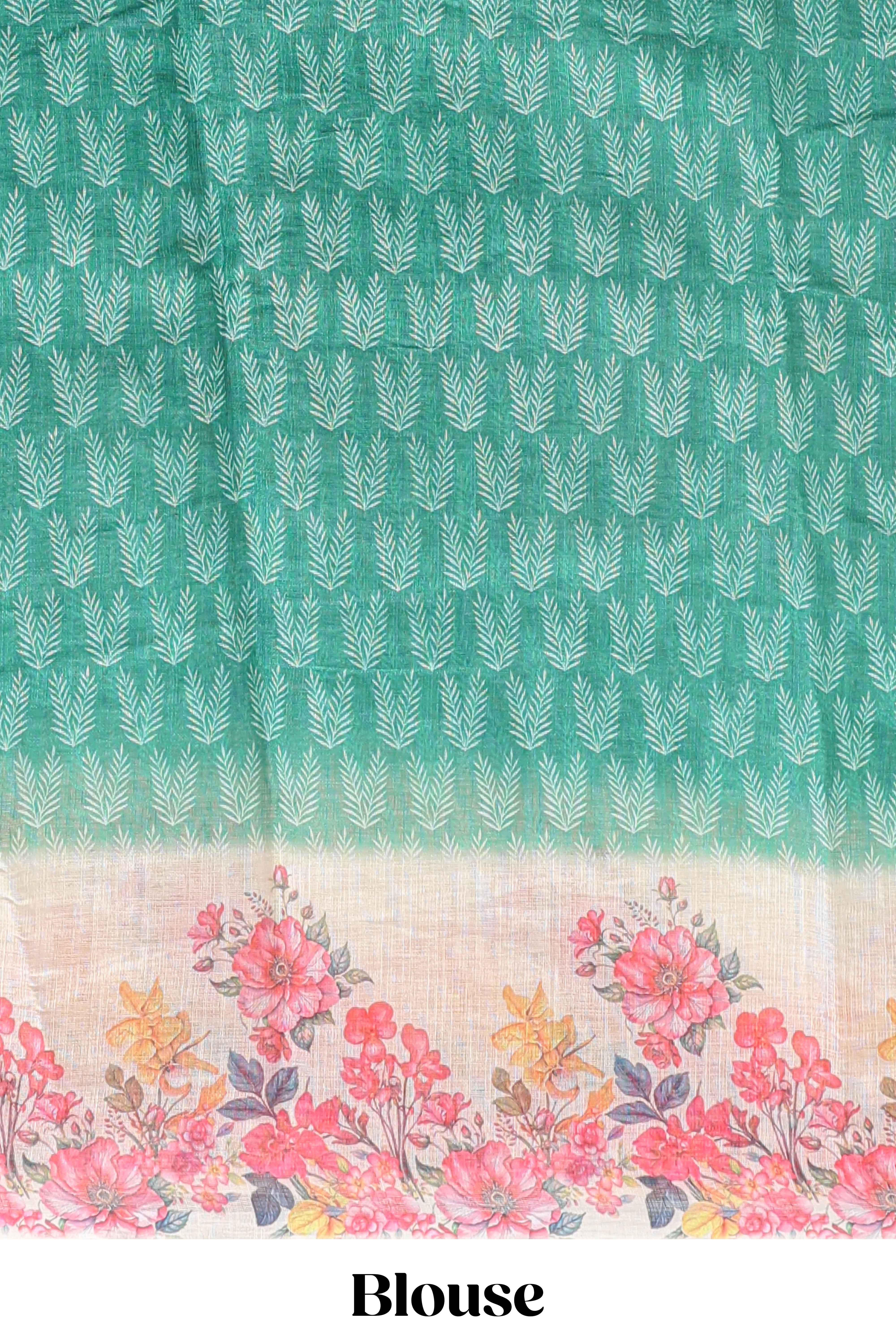 Green leaf print linen cotton saree with contrast floral design border and matching blouse