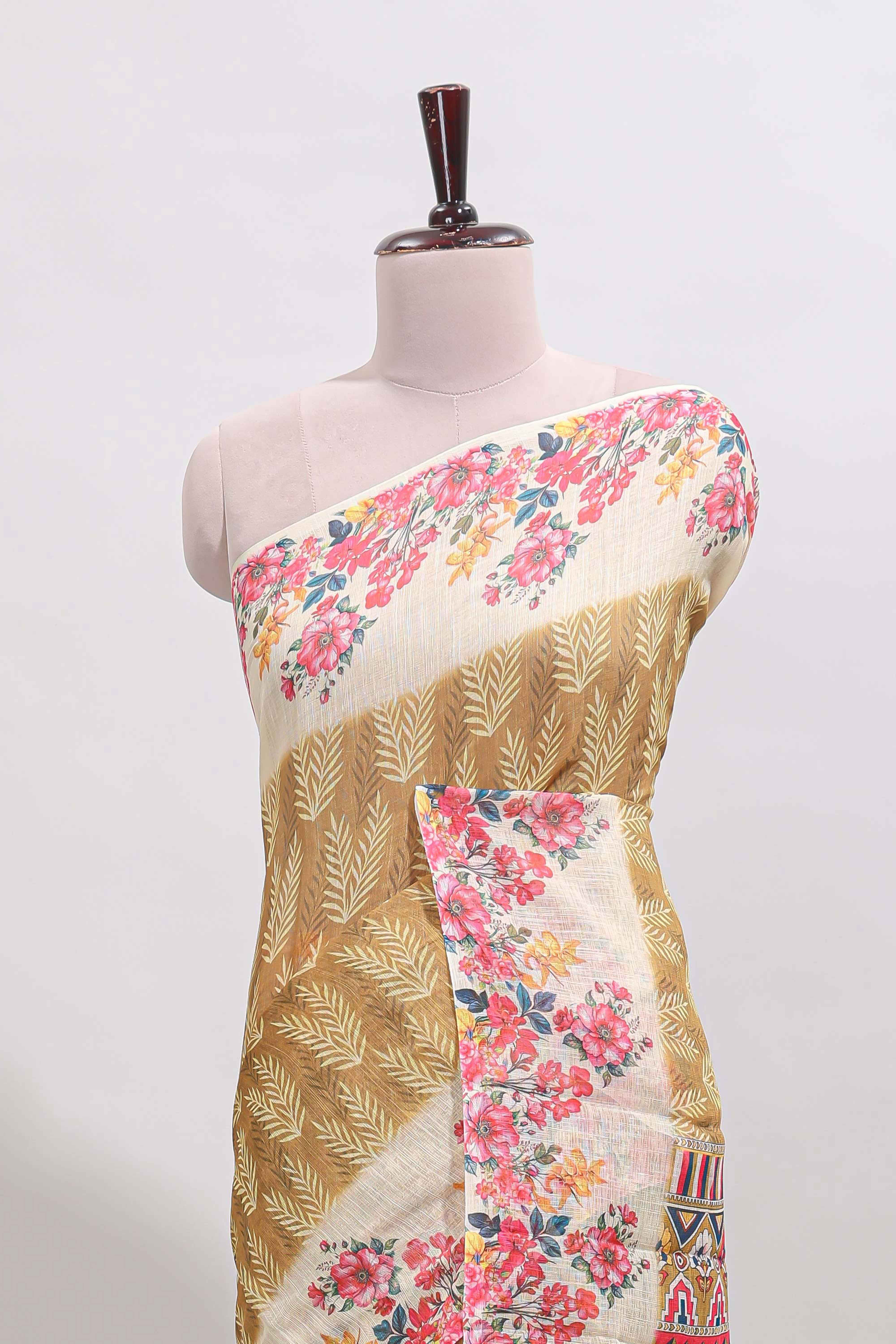 Mustard leaf print linen cotton saree with contrast floral design border and matching blouse