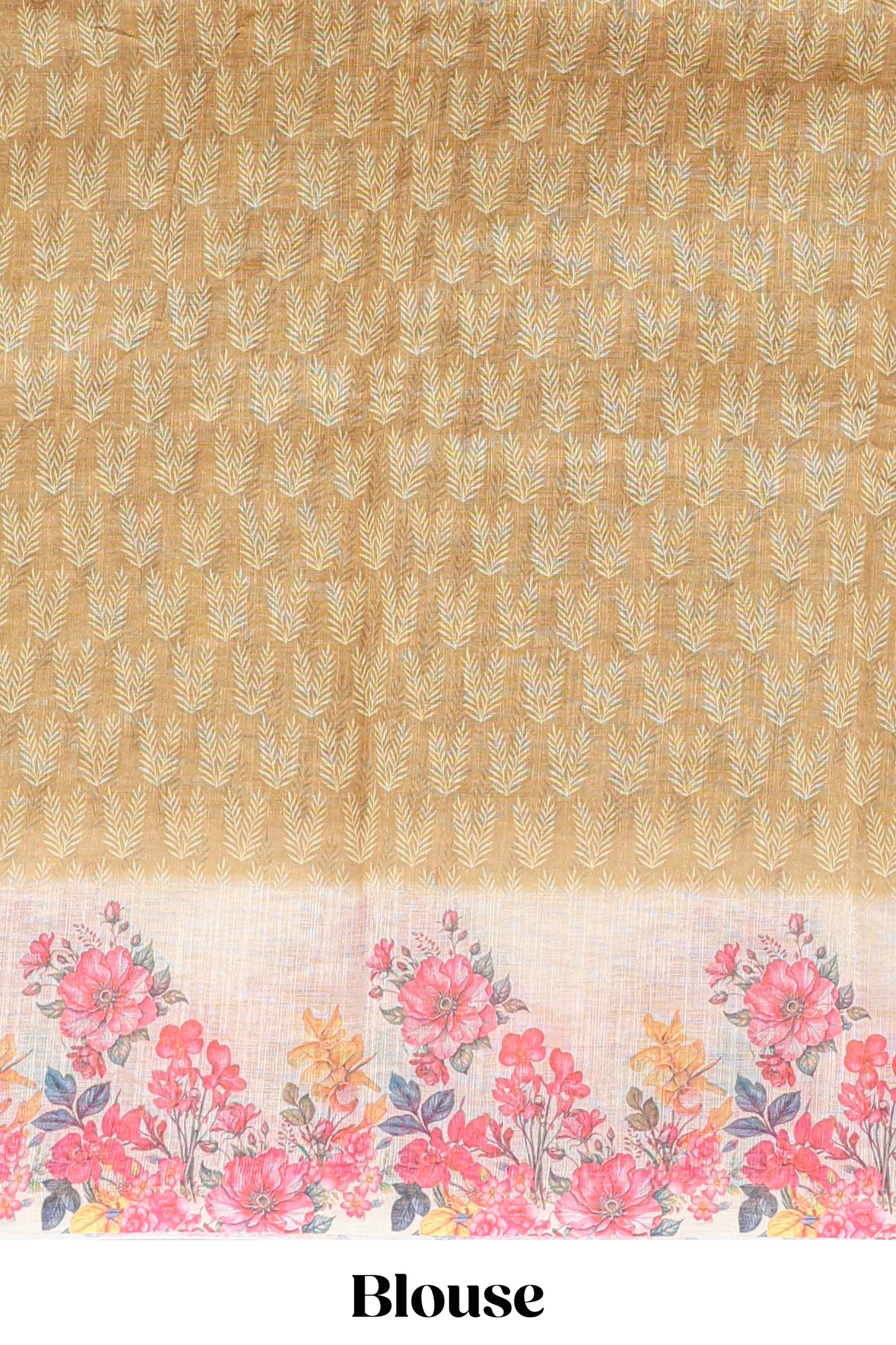 Mustard leaf print linen cotton saree with contrast floral design border and matching blouse