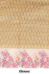 Mustard leaf print linen cotton saree with contrast floral design border and matching blouse