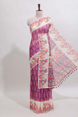 Purple leaf print linen cotton saree with contrast floral design border and matching blouse