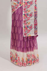 Purple leaf print linen cotton saree with contrast floral design border and matching blouse