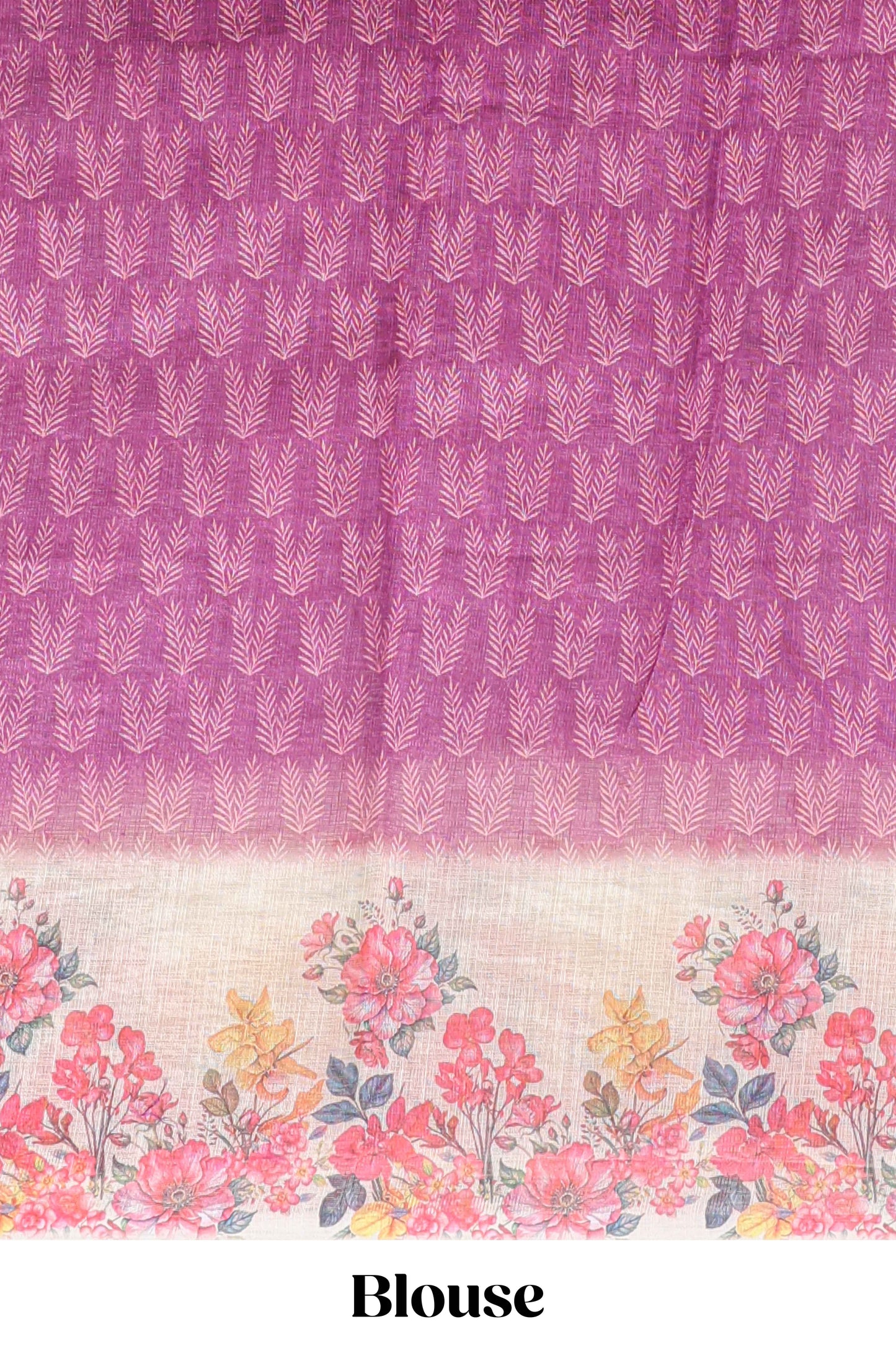 Purple leaf print linen cotton saree with contrast floral design border and matching blouse