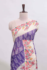 Violet leaf print linen cotton saree with contrast floral design border and matching blouse