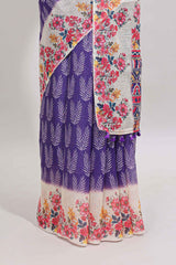 Violet leaf print linen cotton saree with contrast floral design border and matching blouse