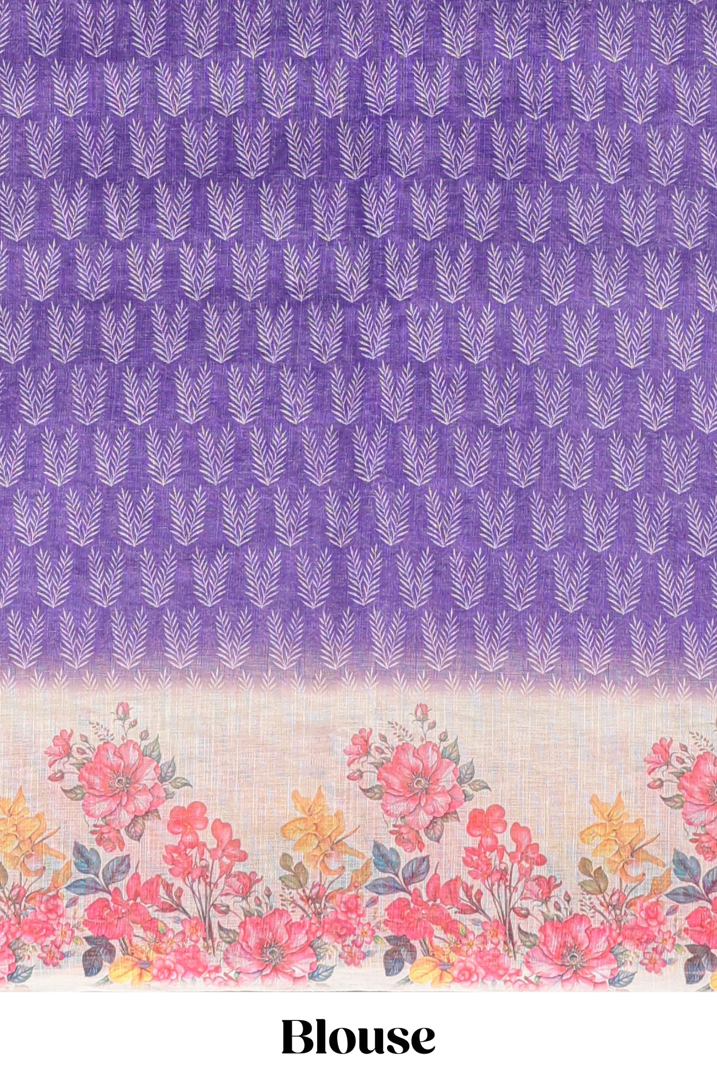 Violet leaf print linen cotton saree with contrast floral design border and matching blouse