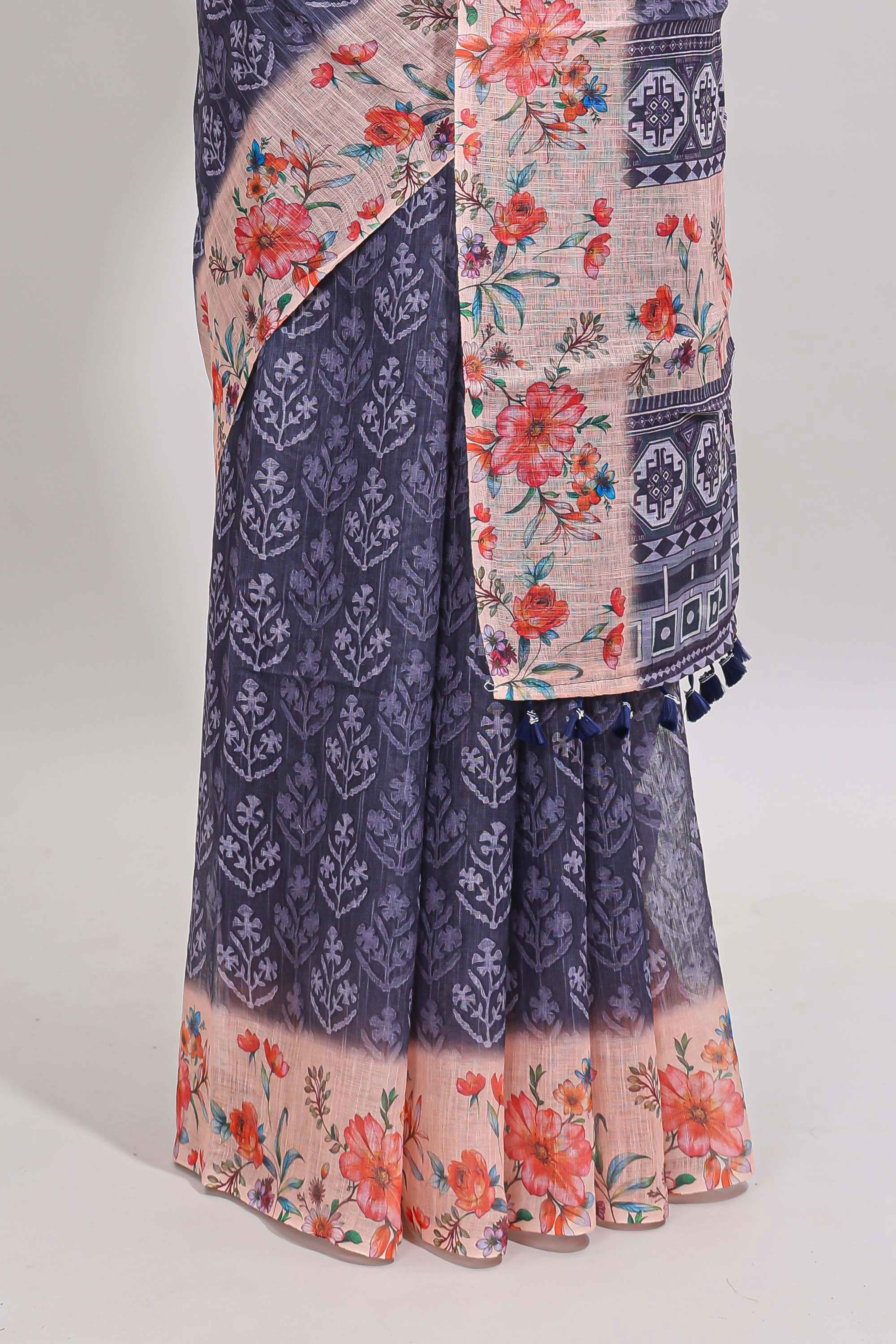 Blue floral design linen cotton saree with contrast floral design border and matching blouse