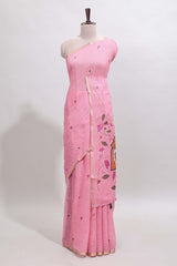 Pink floral design linen cotton saree with self zari border, matching pallu and contrast blouse