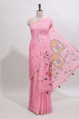 Pink floral design linen cotton saree with self zari border, matching pallu and contrast blouse