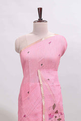 Pink floral design linen cotton saree with self zari border, matching pallu and contrast blouse