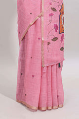 Pink floral design linen cotton saree with self zari border, matching pallu and contrast blouse