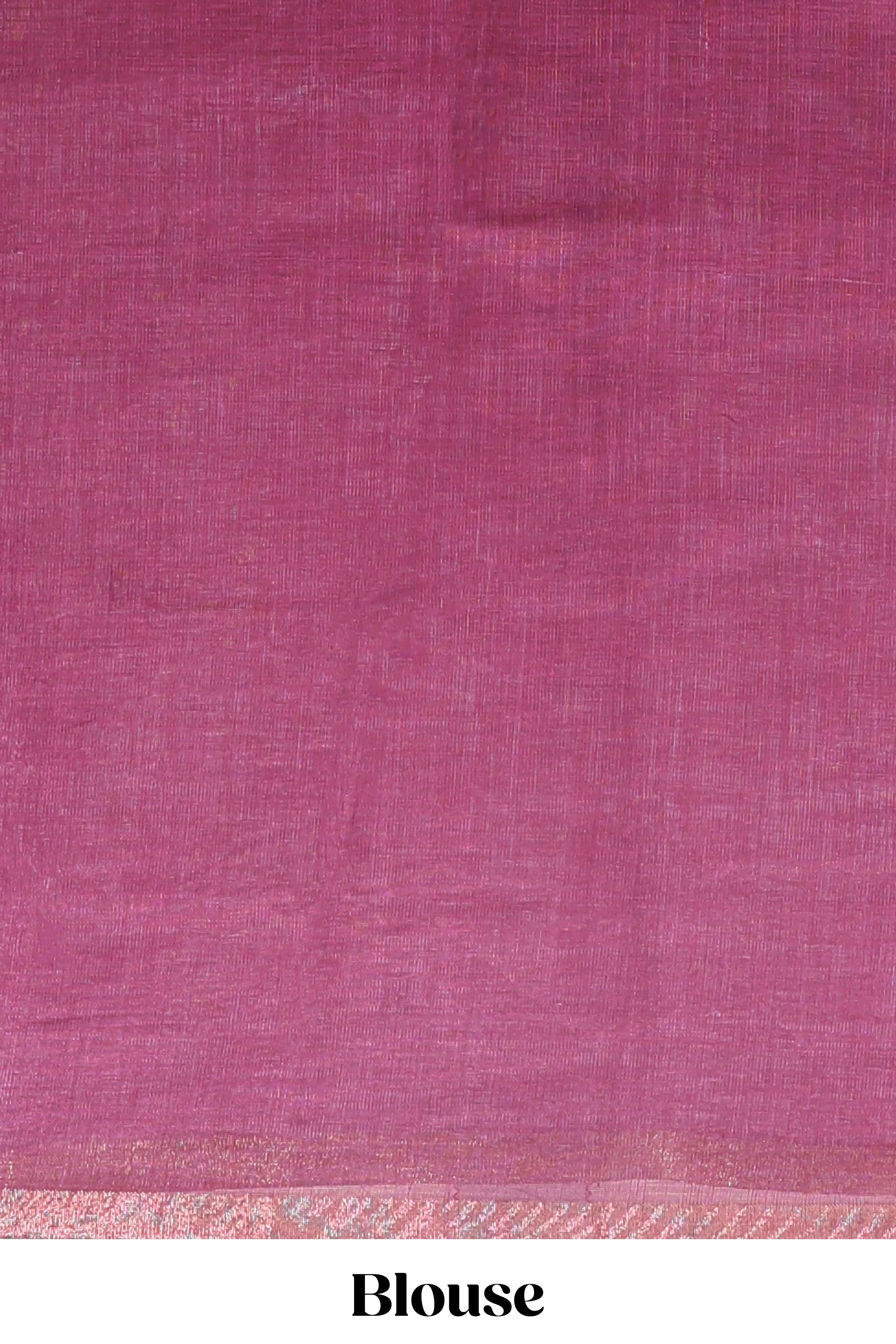 Pink floral design linen cotton saree with self zari border, matching pallu and contrast blouse