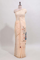 Cream floral design linen cotton saree with self zari border, matching pallu and contrast blouse