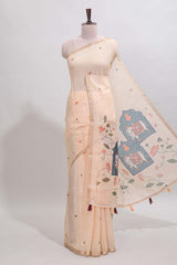 Cream floral design linen cotton saree with self zari border, matching pallu and contrast blouse