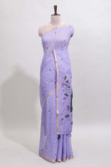 Lavender floral design linen cotton saree with self zari border, matching pallu and contrast blouse