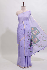 Lavender floral design linen cotton saree with self zari border, matching pallu and contrast blouse
