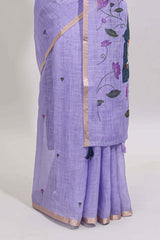 Lavender floral design linen cotton saree with self zari border, matching pallu and contrast blouse
