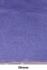 Lavender floral design linen cotton saree with self zari border, matching pallu and contrast blouse