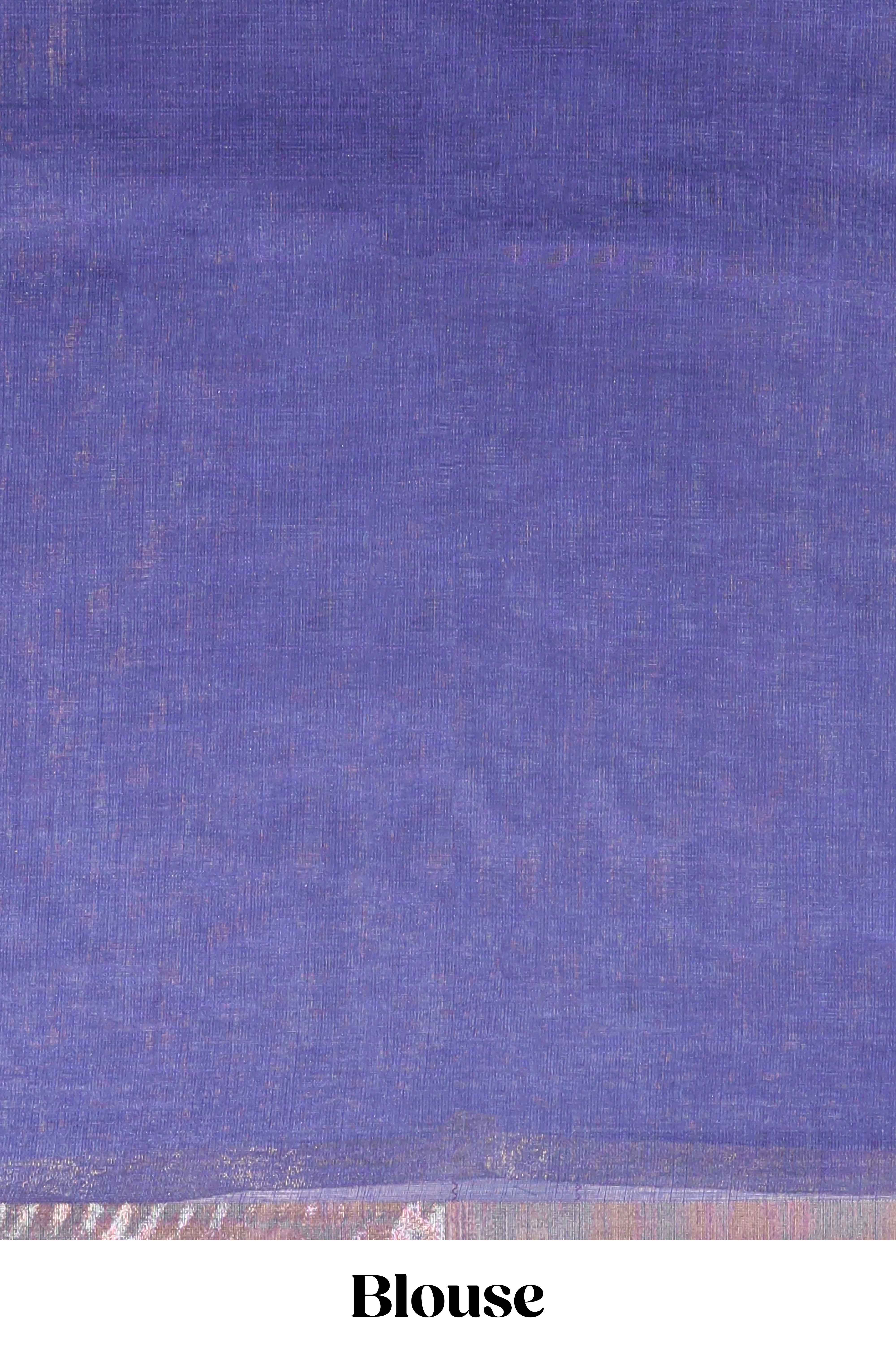 Lavender floral design linen cotton saree with self zari border, matching pallu and contrast blouse