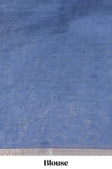 Blue floral design linen cotton saree with self zari border, matching pallu and contrast blouse