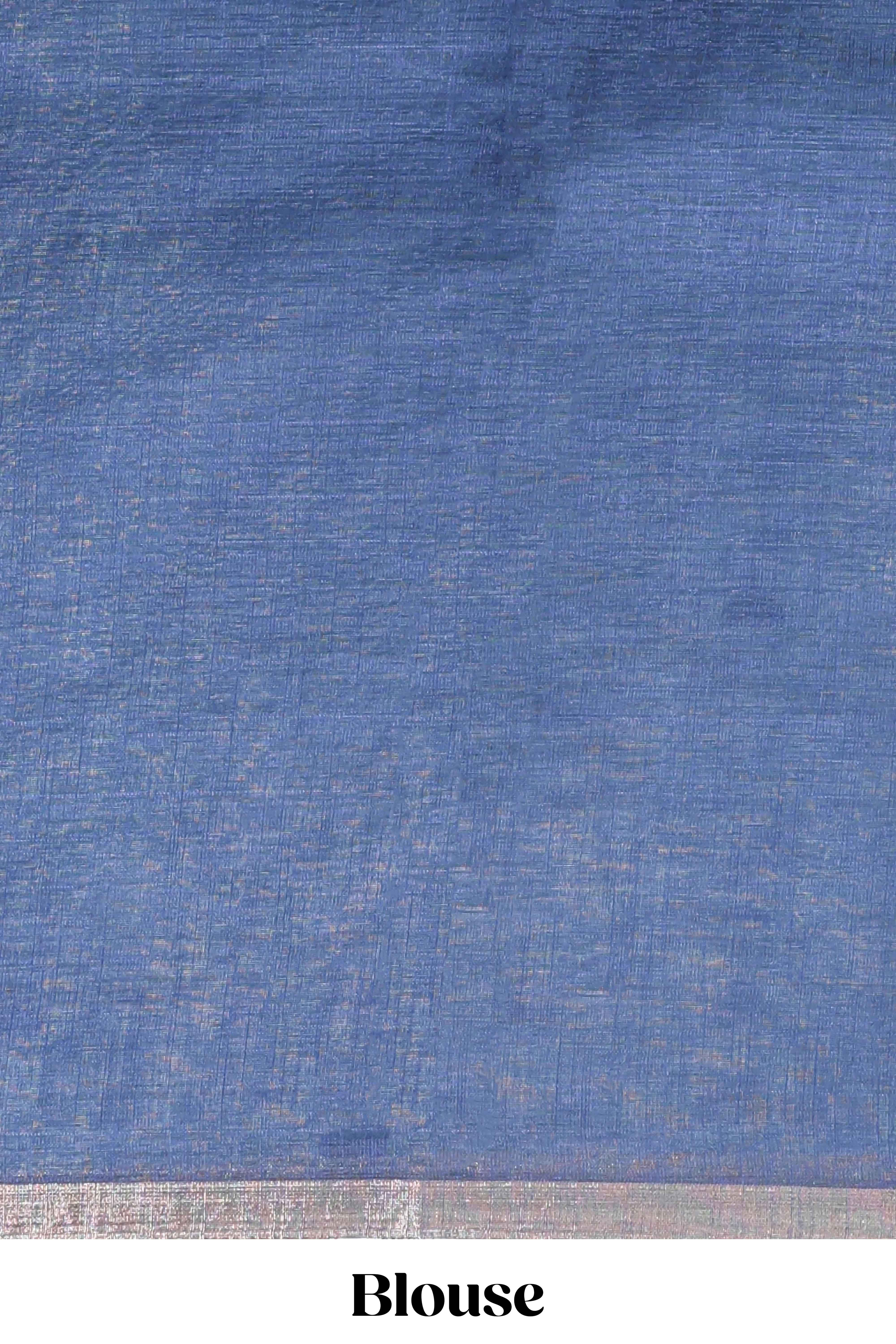 Blue floral design linen cotton saree with self zari border, matching pallu and contrast blouse