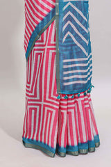 Pink geometric design linen cotton saree with contrast zari border and pallu