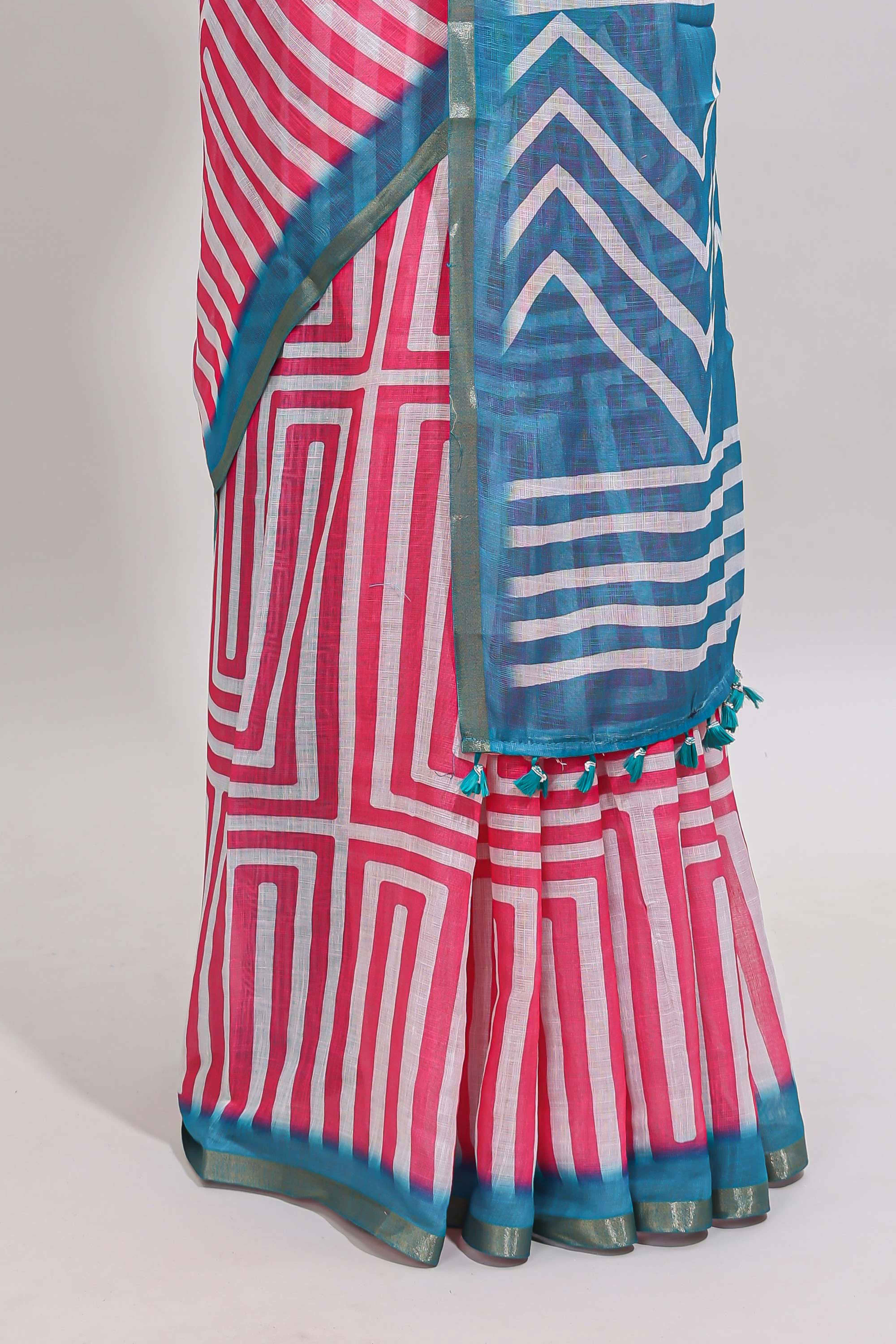Pink geometric design linen cotton saree with contrast zari border and pallu