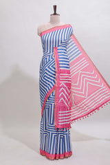 Blue geometric design linen cotton saree with contrast zari border and pallu