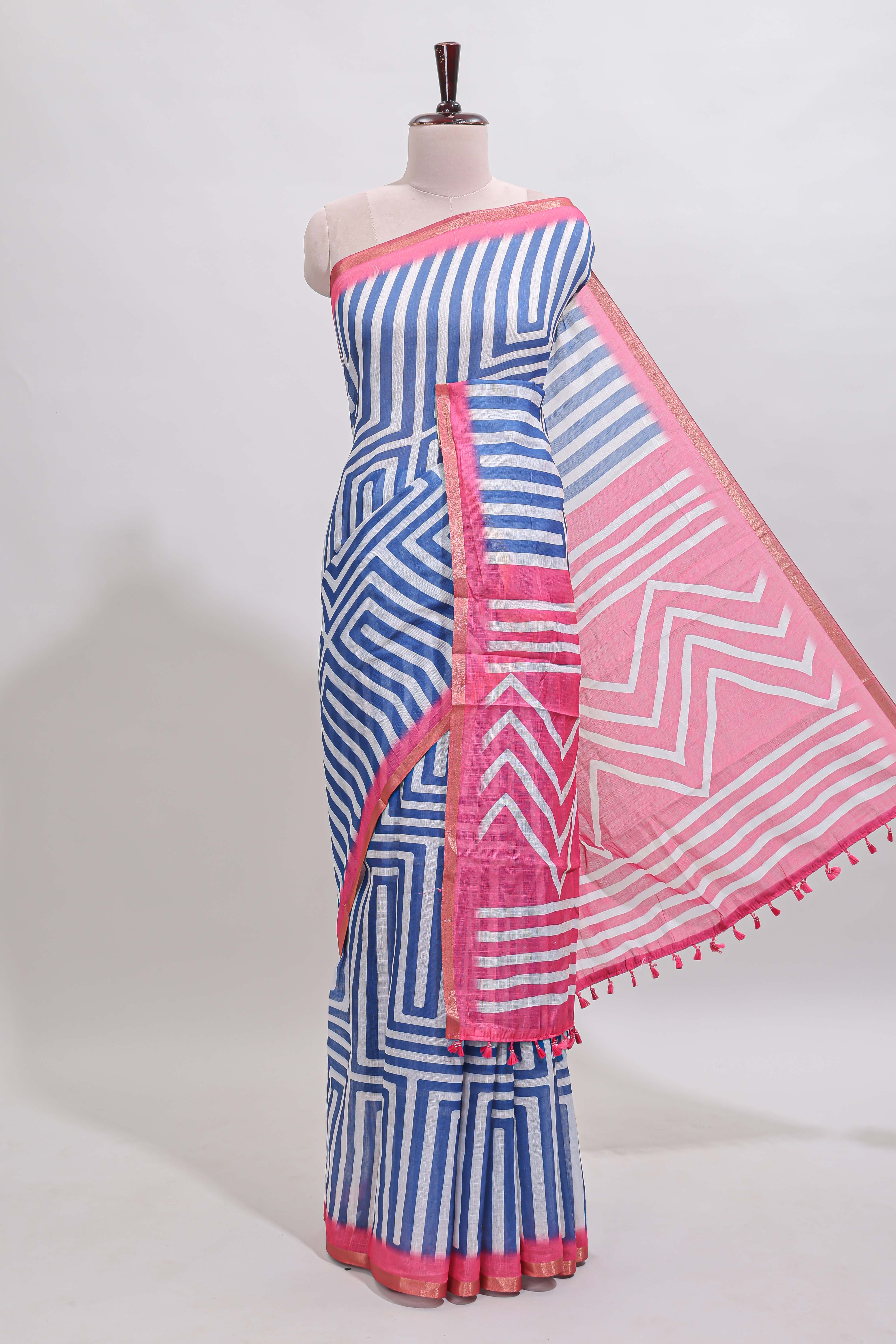 Blue geometric design linen cotton saree with contrast zari border and pallu