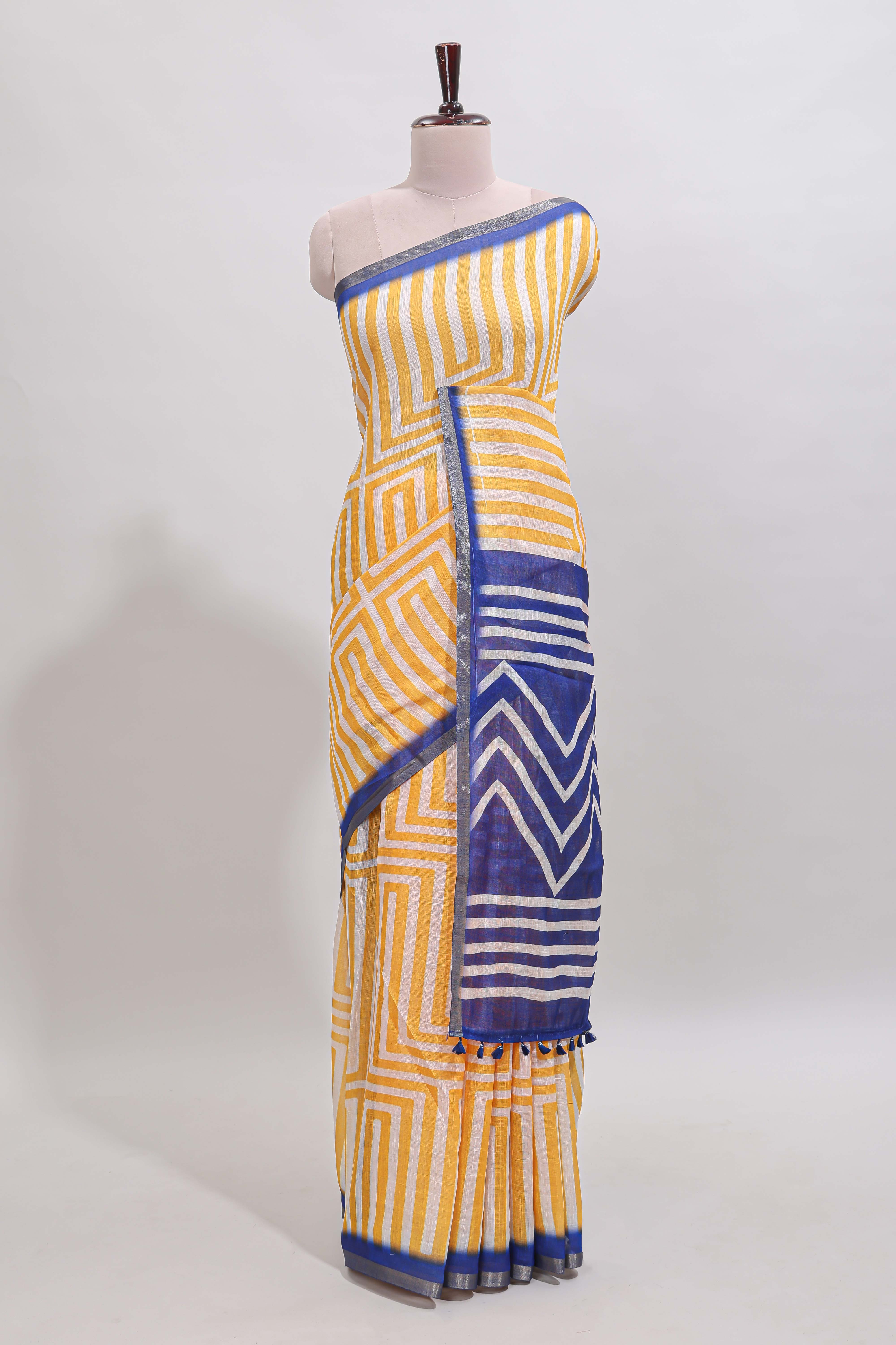 Yellow geometric design linen cotton saree with contrast zari border and pallu