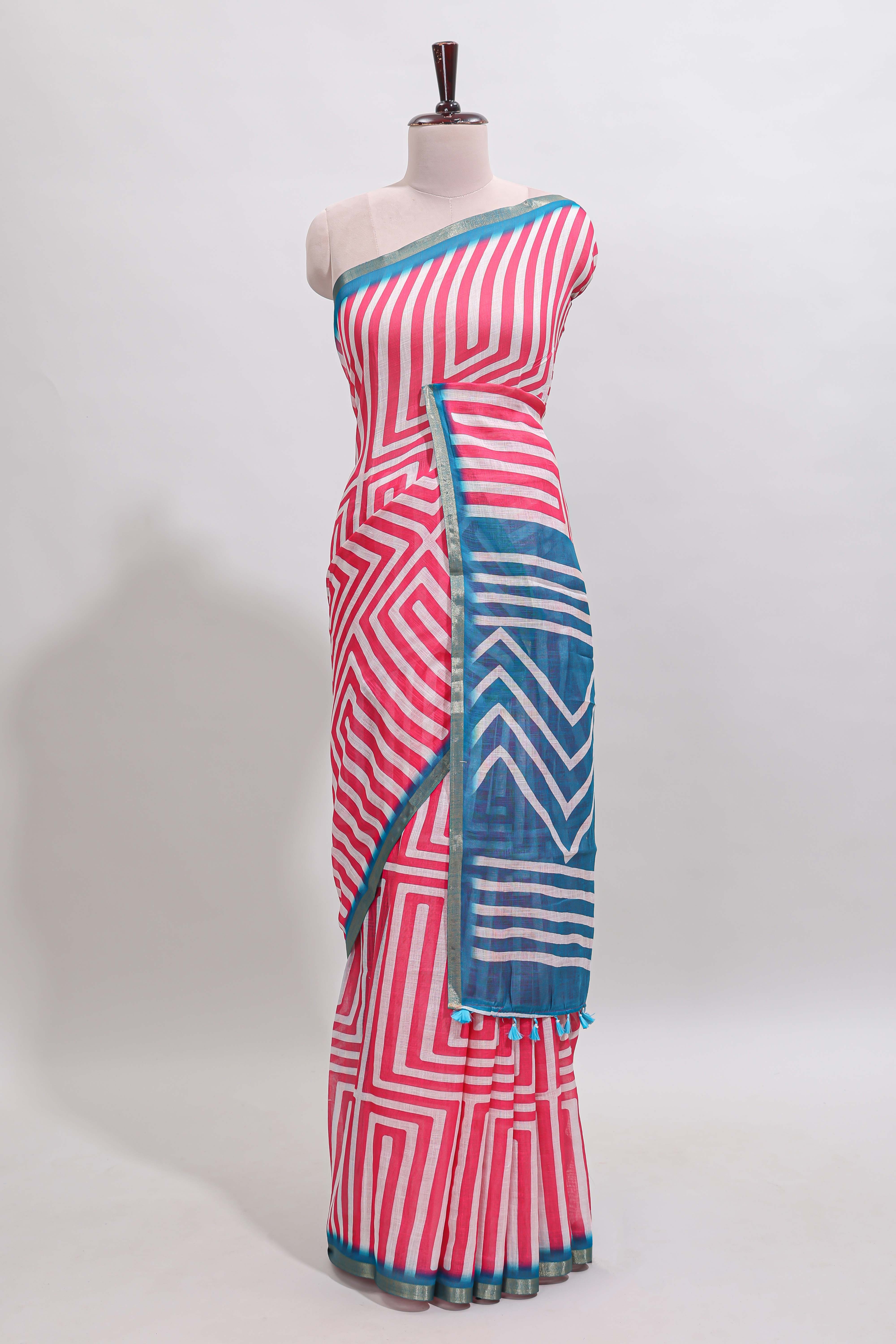 Peach geometric design linen cotton saree with contrast zari border and pallu