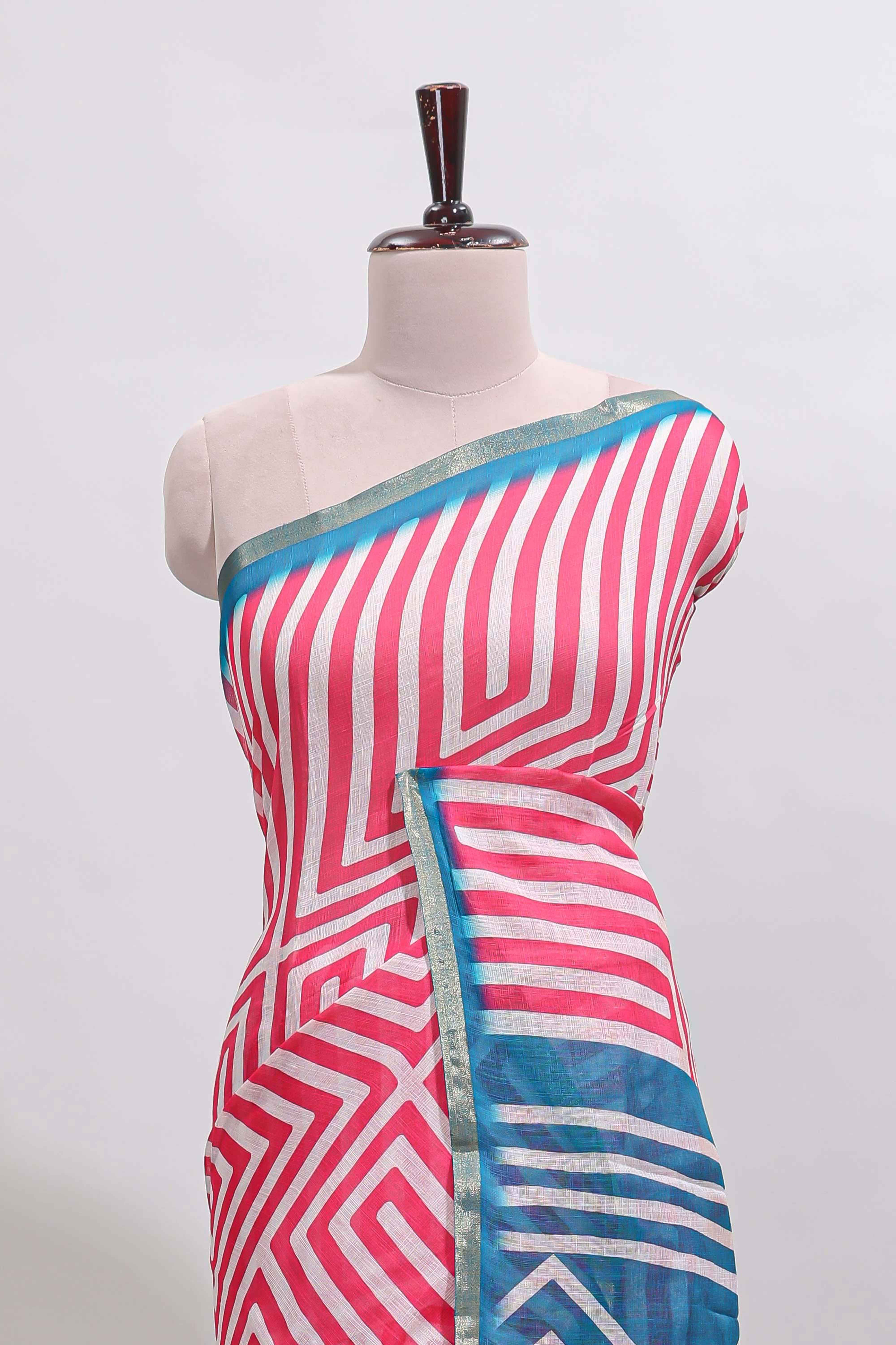 Peach geometric design linen cotton saree with contrast zari border and pallu